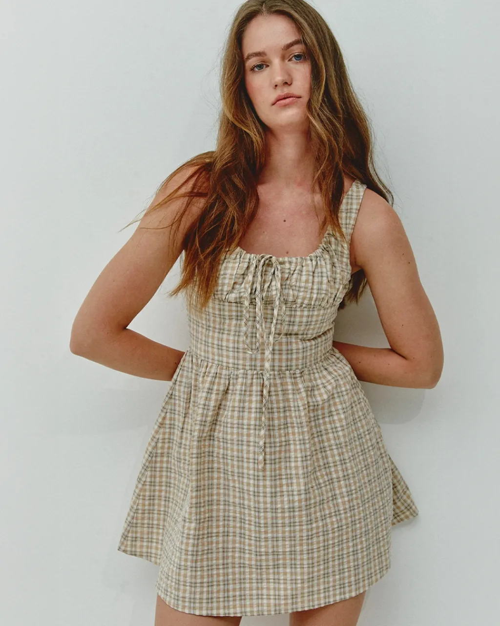 Another Girl Beige Gingham Check Mini Dress Discount