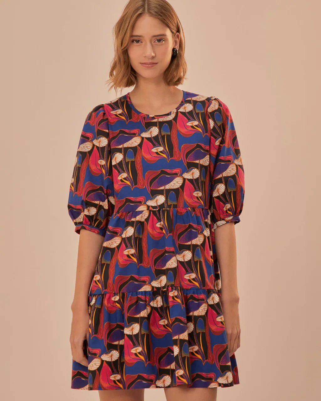 Farm Rio Black Wild Mushrooms Puff Sleeve Mini Dress