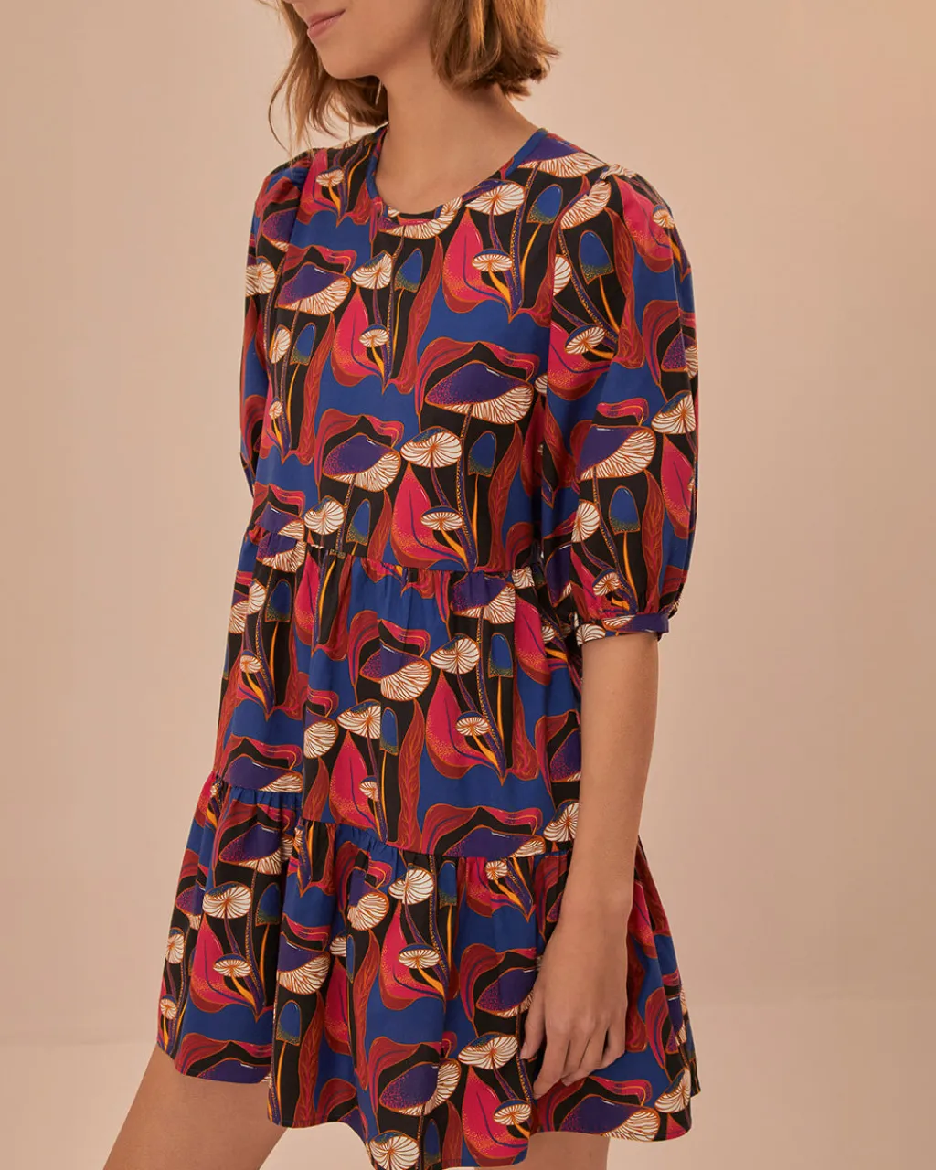 Farm Rio Black Wild Mushrooms Puff Sleeve Mini Dress