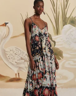 Farm Rio Blue Flowing Beauty Pleated Sleeveless Midi Dress Online