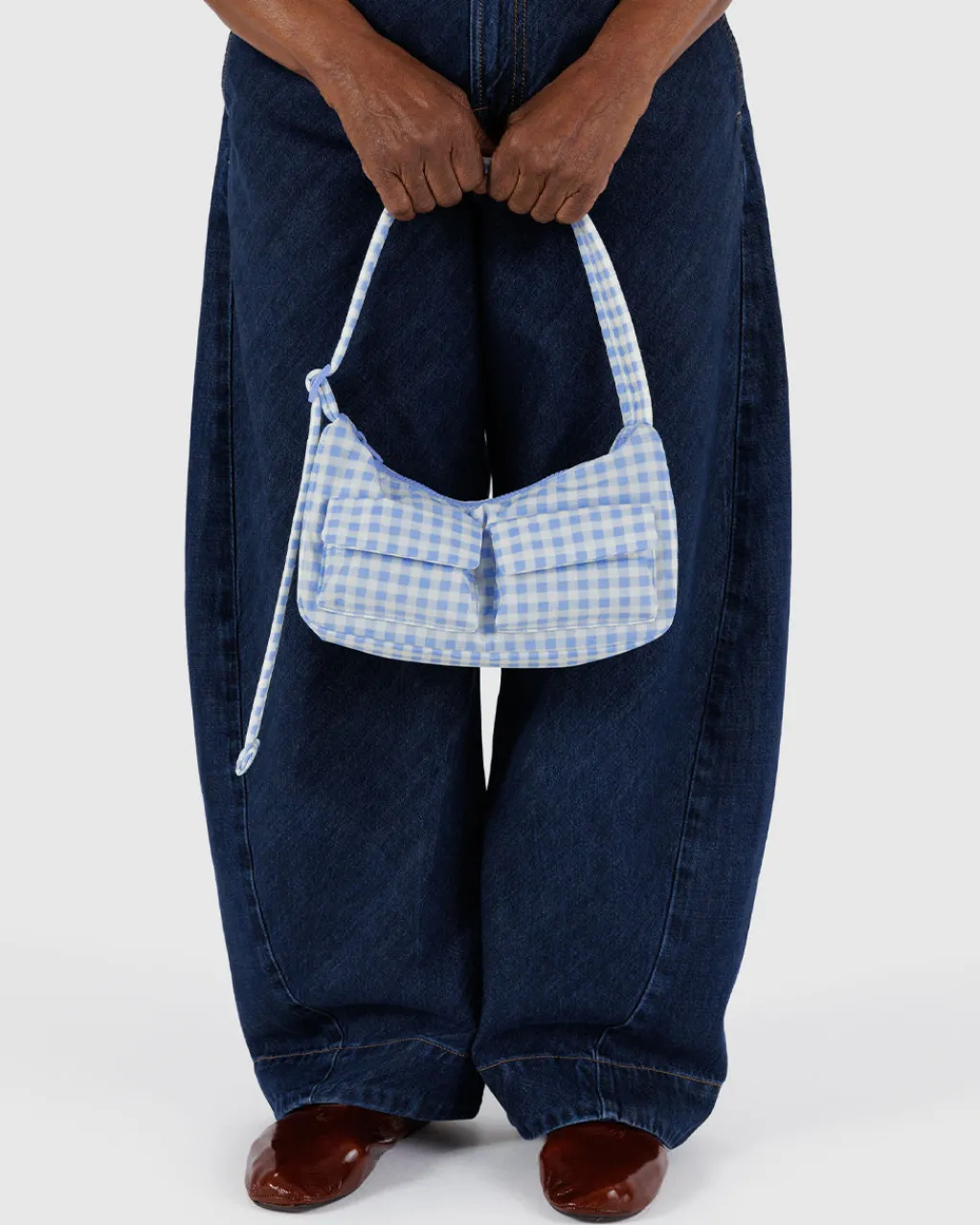 Baggu Cargo Shoulder Bag - Light Blue Gingham Clearance