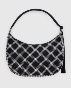 Baggu Large Nylon Crescent Bag w/ Key Leash - Mixed Plaid New