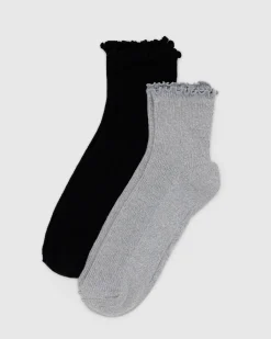 Baggu Lettuce Edge Sock Set Of 2 - Heather Grey & Black Sale