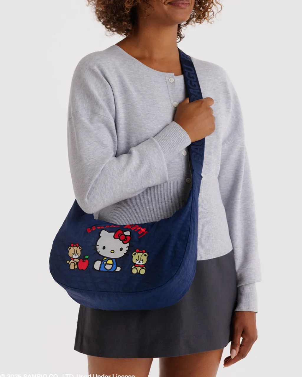 Baggu Medium Nylon Crescent Bag w/ Key Leash - Embroidered Hello Kitty & Teddy Hot