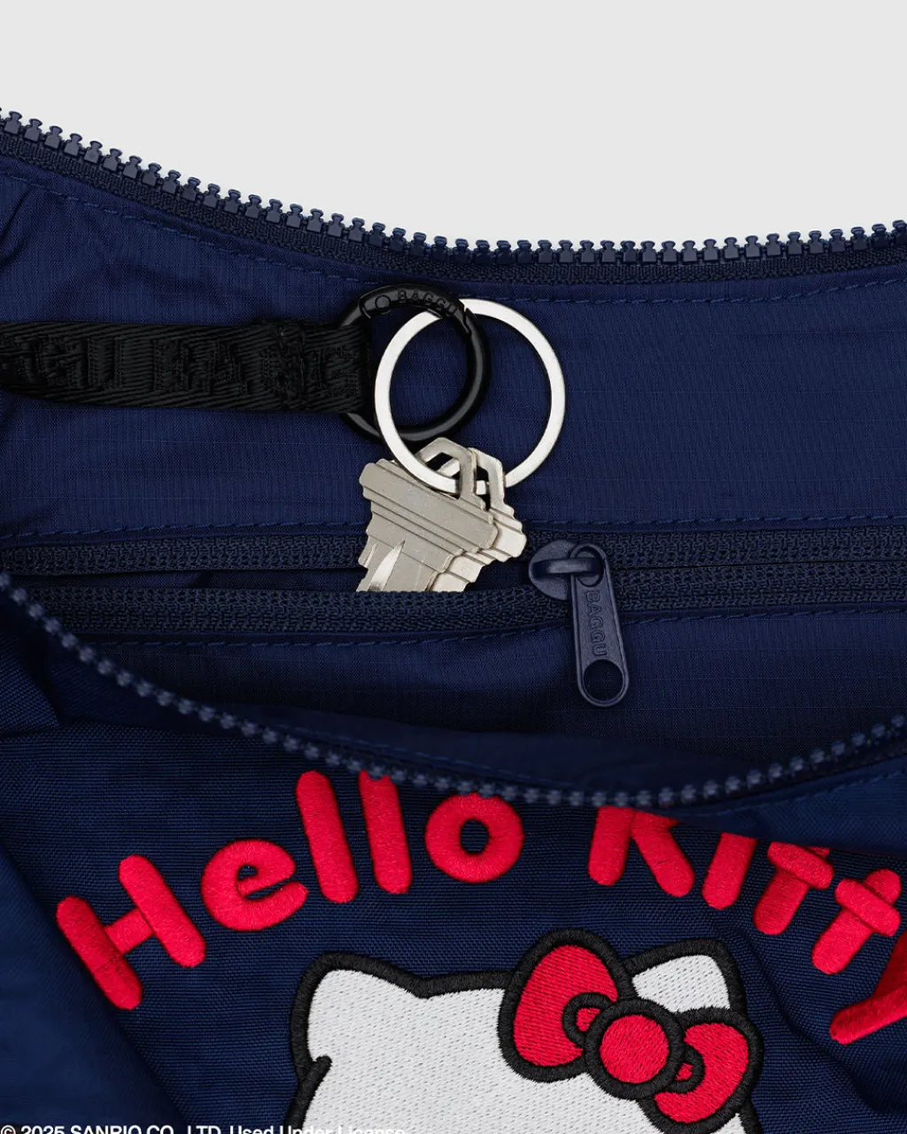 Baggu Medium Nylon Crescent Bag w/ Key Leash - Embroidered Hello Kitty & Teddy Hot