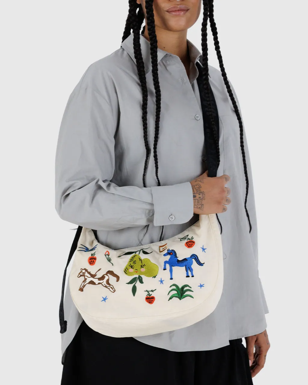 Baggu Medium Nylon Crescent Bag w/ Key Leash - Embroidered Painted Prairie Online