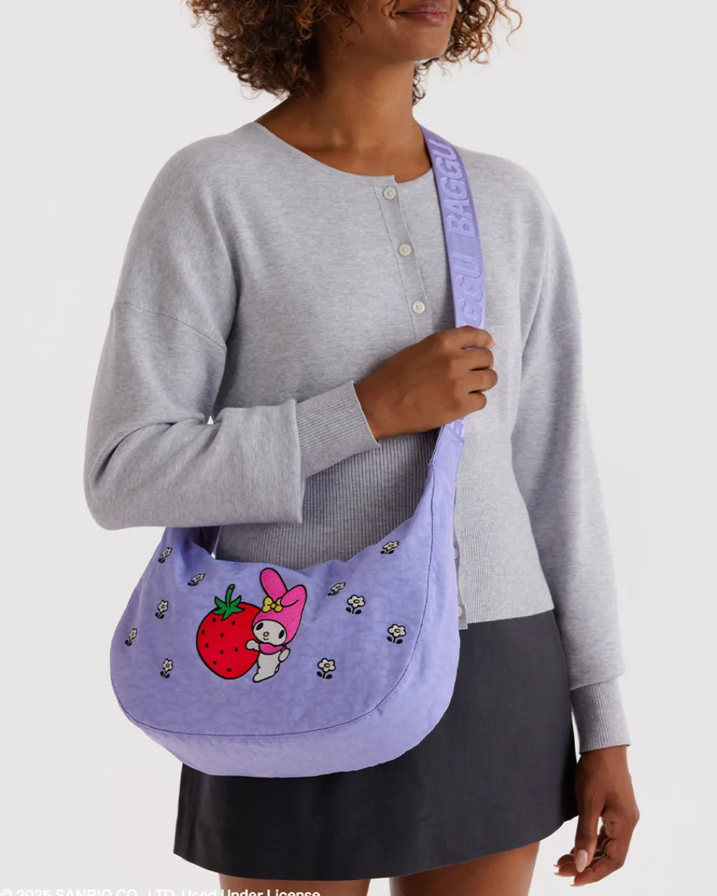 Baggu Medium Nylon Crescent Bag w/ Key Leash - Embroidered My Melody Strawberry Outlet