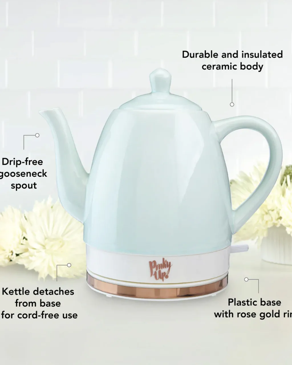 Pinky Up Noelle Ceramic Electric Tea Kettle Mint Discount