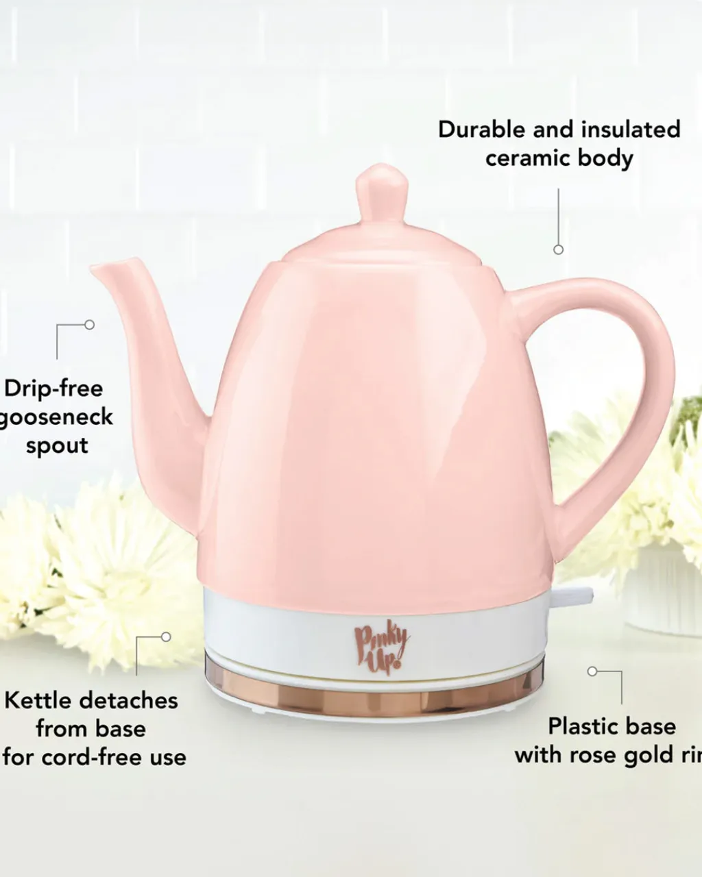 Pinky Up Noelle Ceramic Electric Tea Kettle Pink Outlet