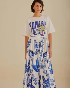 Farm Rio Off-White Blue Yard Organic Cotton Midi Skirt New