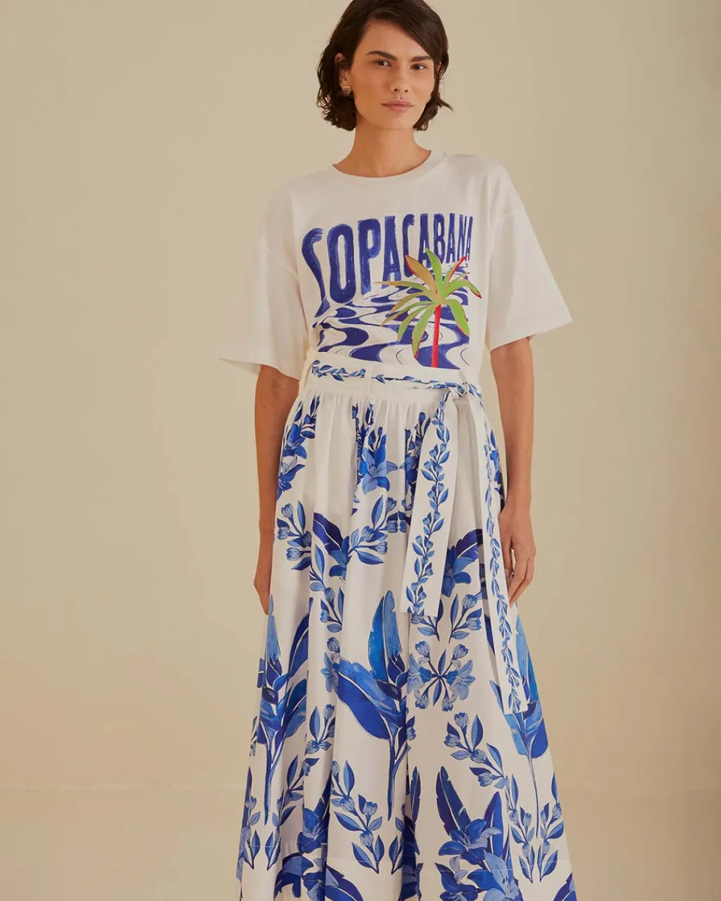 Farm Rio Off-White Blue Yard Organic Cotton Midi Skirt New