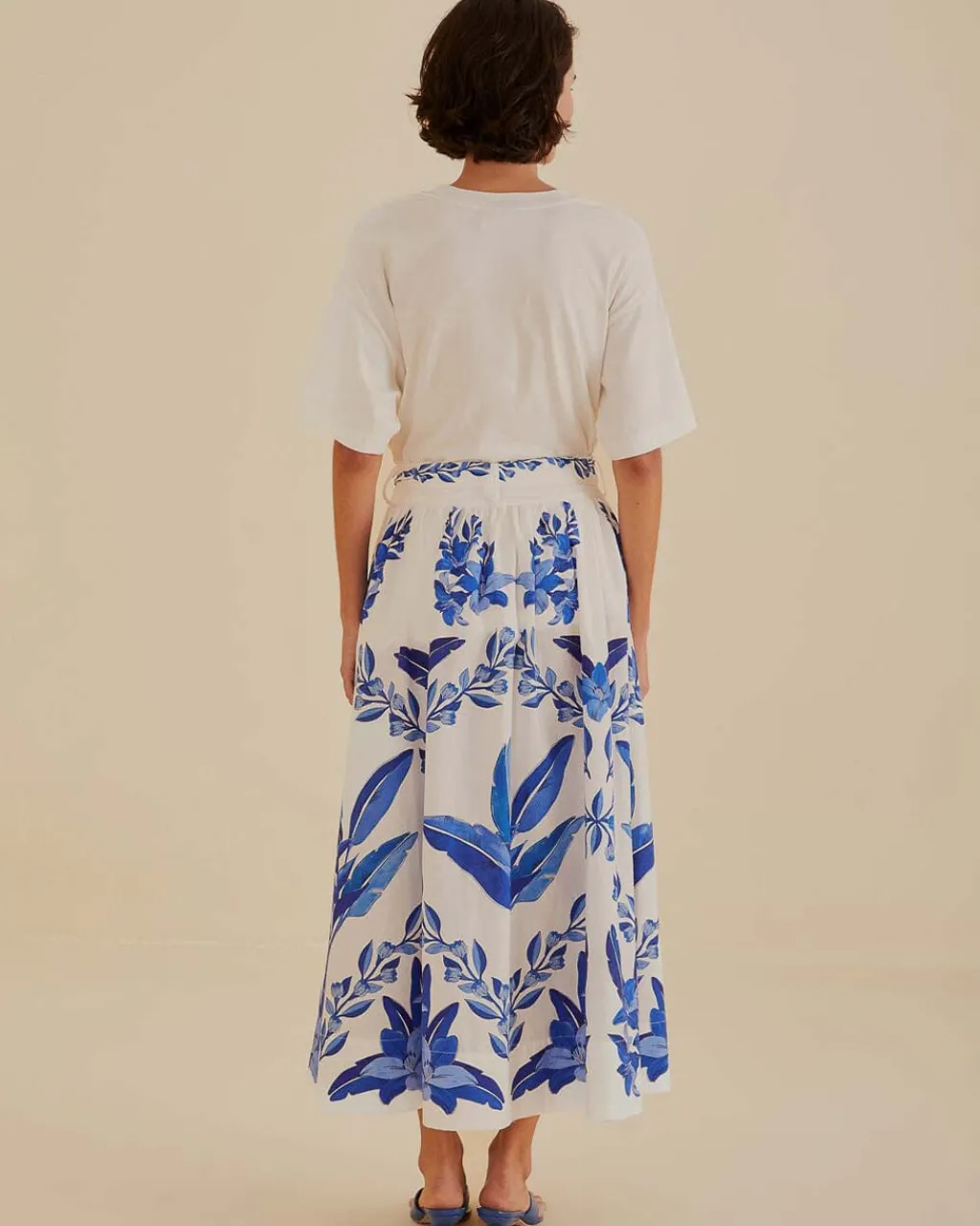 Farm Rio Off-White Blue Yard Organic Cotton Midi Skirt New