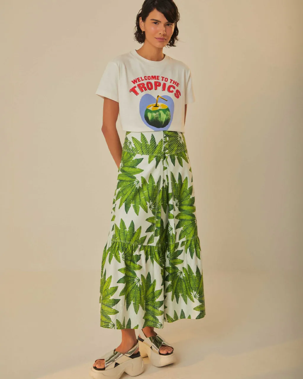 Farm Rio Off-White Palm Fan Organic Cotton Maxi Skirt Outlet