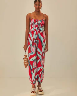 Farm Rio Red Summer Foliage Organic Cotton Jumpsuit Discount
