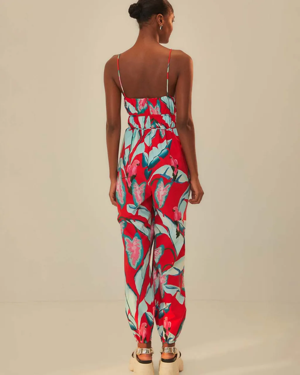 Farm Rio Red Summer Foliage Organic Cotton Jumpsuit Discount