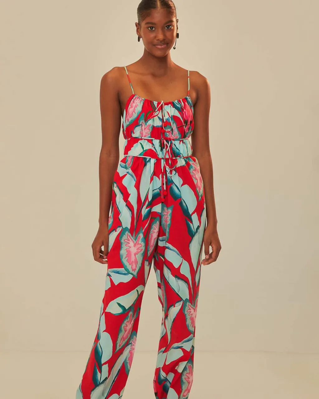 Farm Rio Red Summer Foliage Organic Cotton Jumpsuit Discount