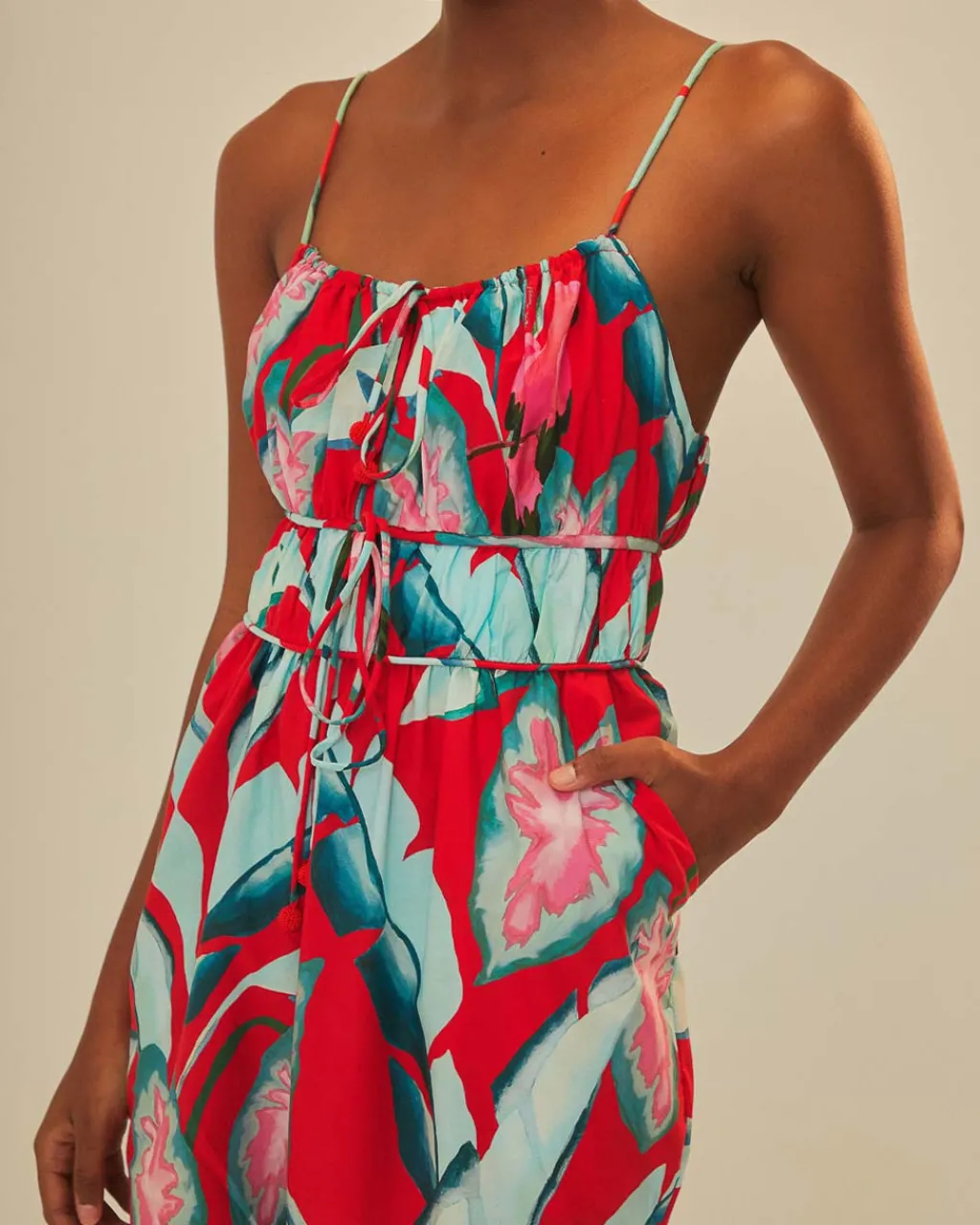 Farm Rio Red Summer Foliage Organic Cotton Jumpsuit Discount
