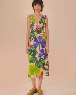 Farm Rio Sand Macaw Jungle V Neck Midi Dress Hot