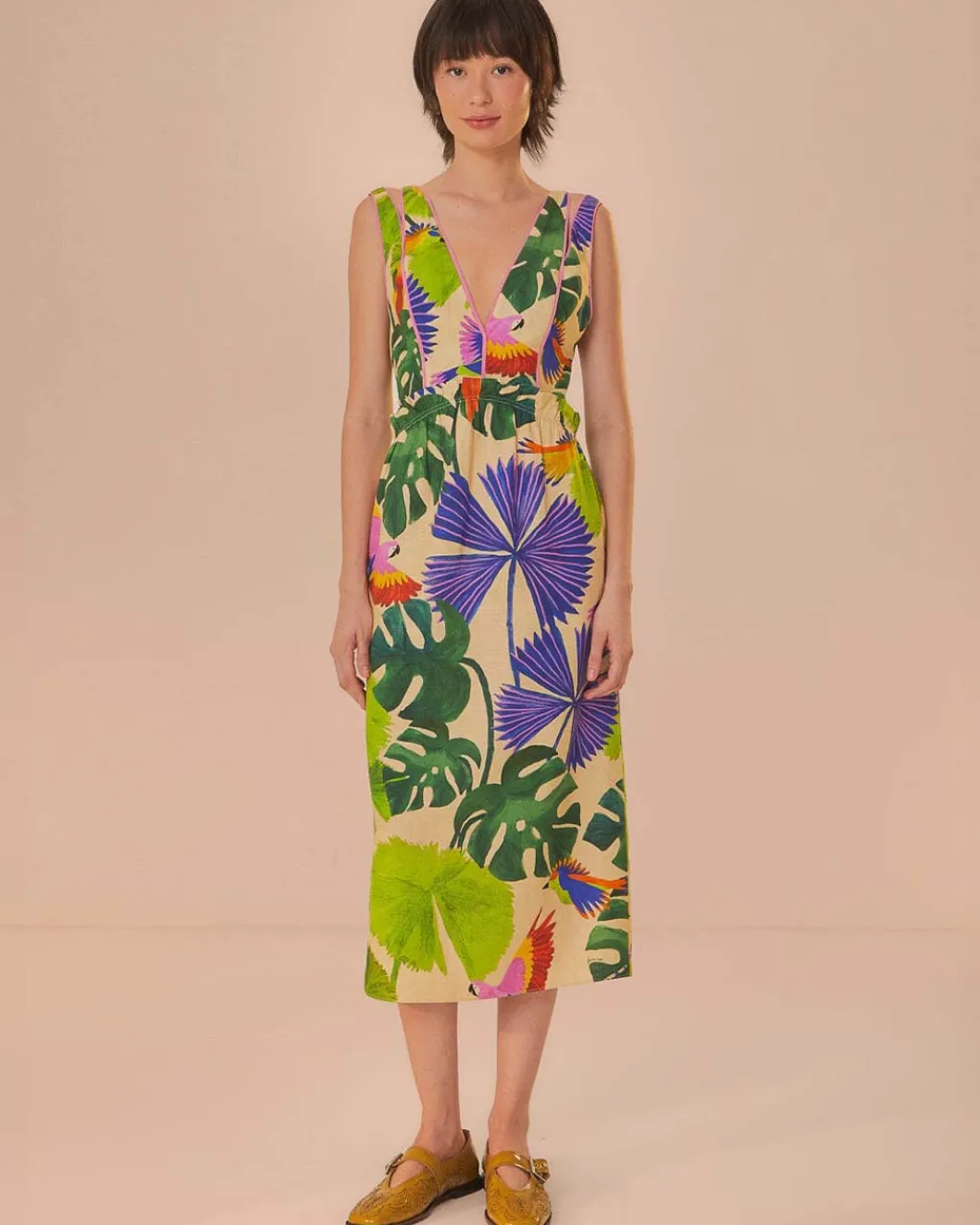 Farm Rio Sand Macaw Jungle V Neck Midi Dress Hot