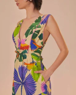 Farm Rio Sand Macaw Jungle V Neck Midi Dress Hot