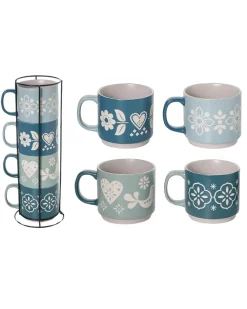 Transpac Stoneware Blue + Green Stacked Mugs - Set Of 4 Hot