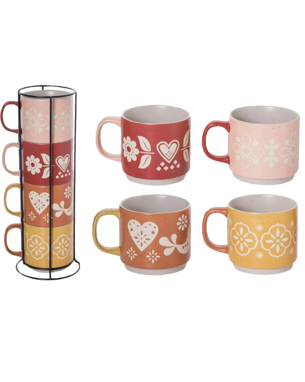 Transpac Stoneware Pink + Red Stacked Mugs - Set Of 4 New