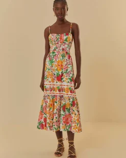 Farm Rio White Floral Sketch Midi Dress Clearance